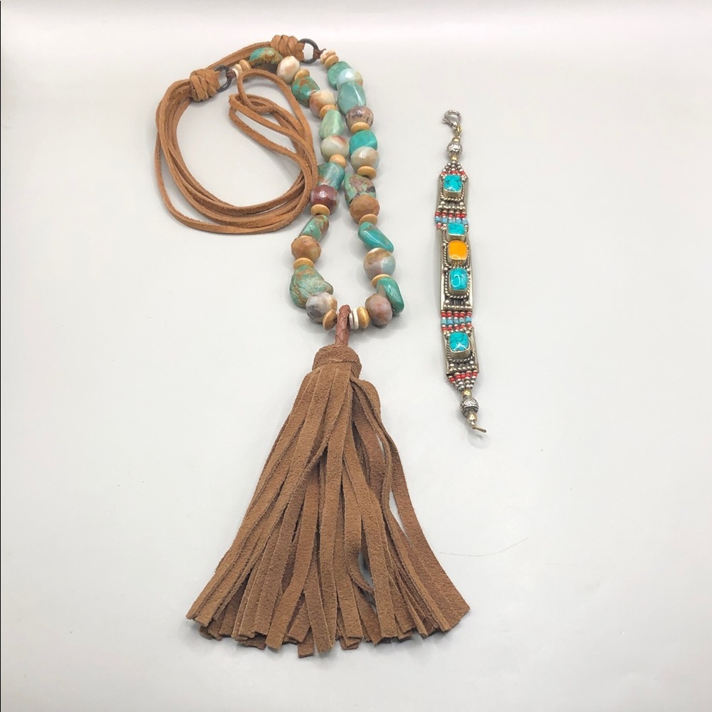 Turquoise stone bead suede leather tassel necklace long + tribal boho bracelet